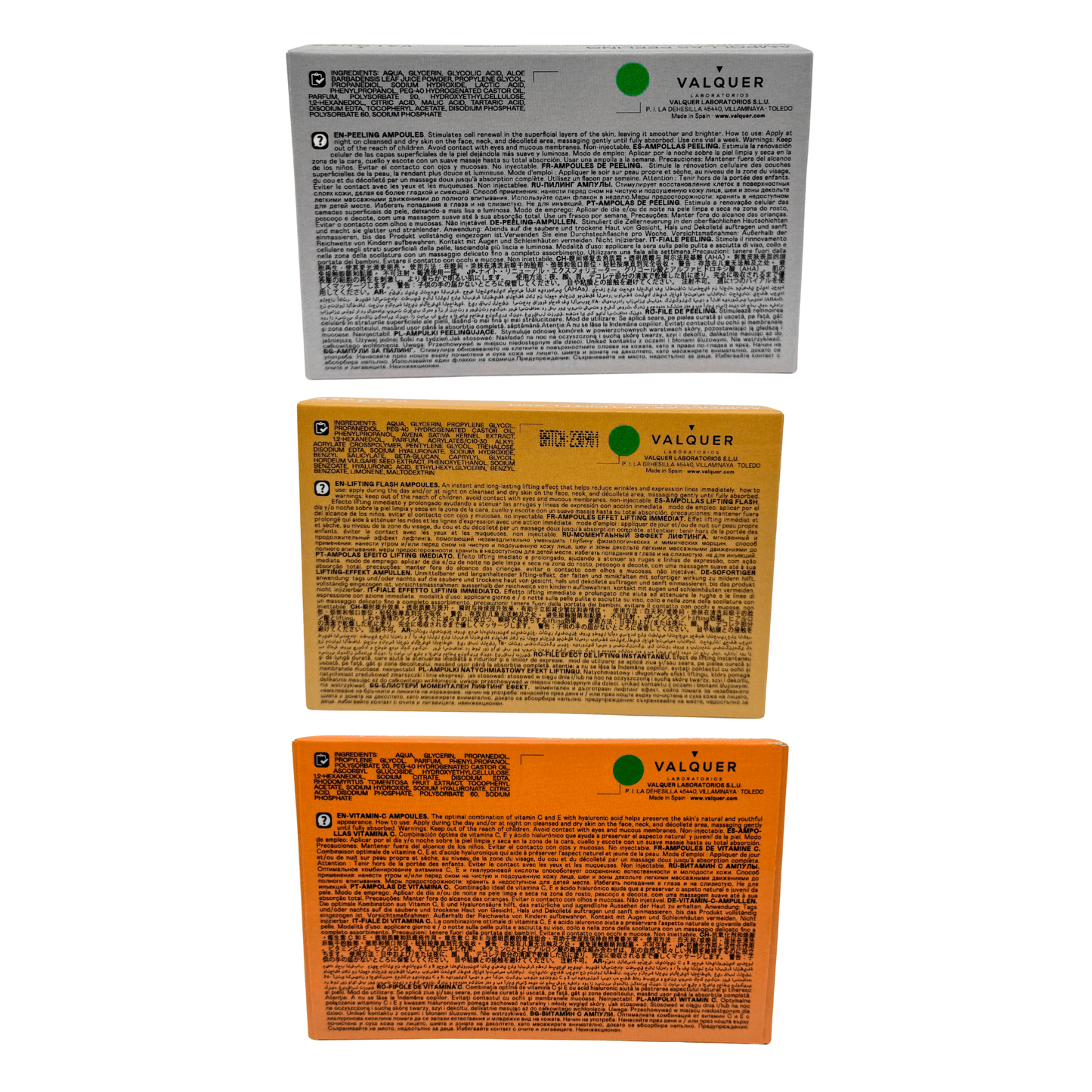 Pack Ampollas Faciales Valquer: Lifting Flash + Vitamina C + Peeling - 3x5x2ml | Tratamiento Antiedad Intensivo