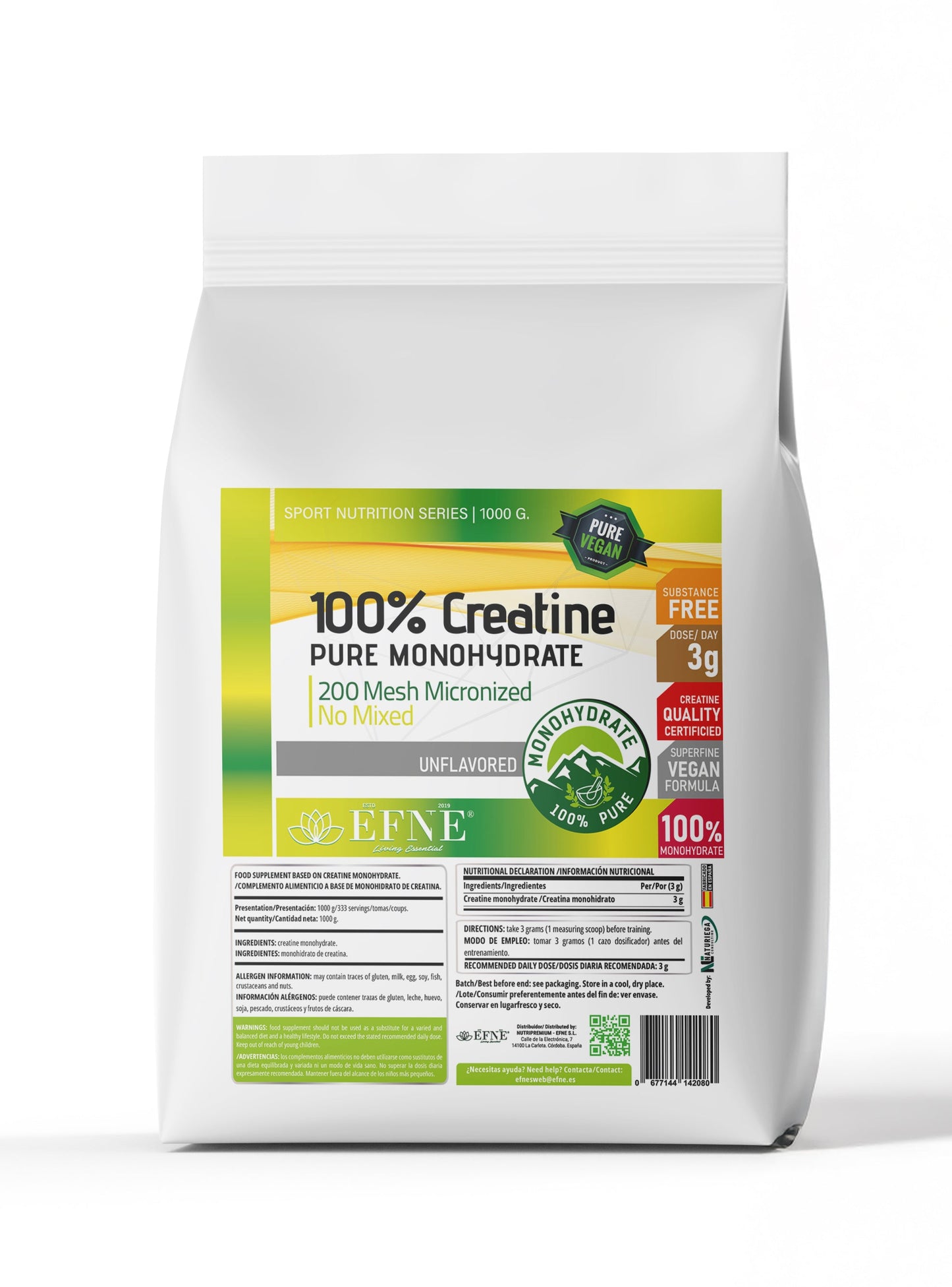 Creatina Monohidrato EFNE – 200 Mesh Micronizada de Alta Absorción Formato 1kg