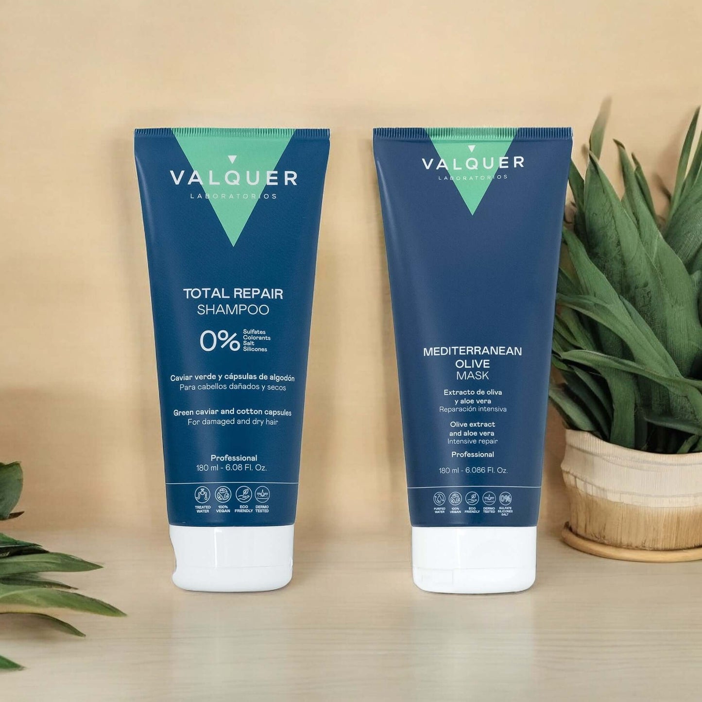 Pack Champú y Mascarilla Capilar de Oliva Valquer - Reparación Total 360ml Cabello Dañado