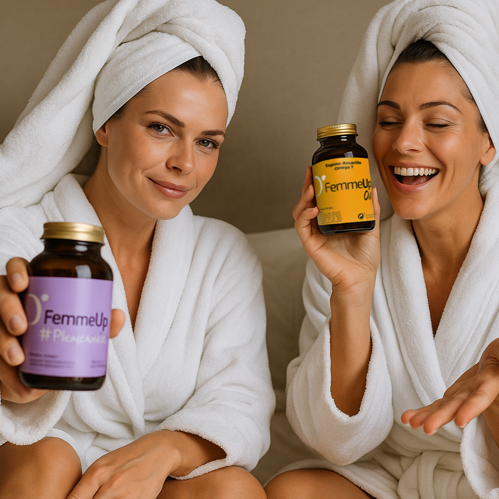 Dos mujeres con albornoz sosteniendo FemmeUp Plenipausia y FemmeUp Oil con Espino Amarillo