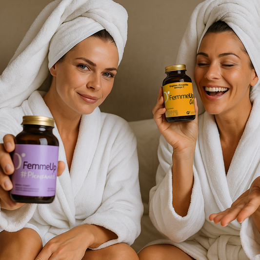 Dos mujeres con albornoz sosteniendo FemmeUp Plenipausia y FemmeUp Oil con Espino Amarillo