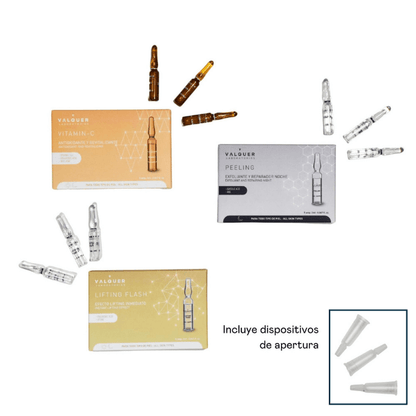 Pack Ampollas Faciales Valquer: Lifting Flash + Vitamina C + Peeling - 3x5x2ml | Tratamiento Antiedad Intensivo