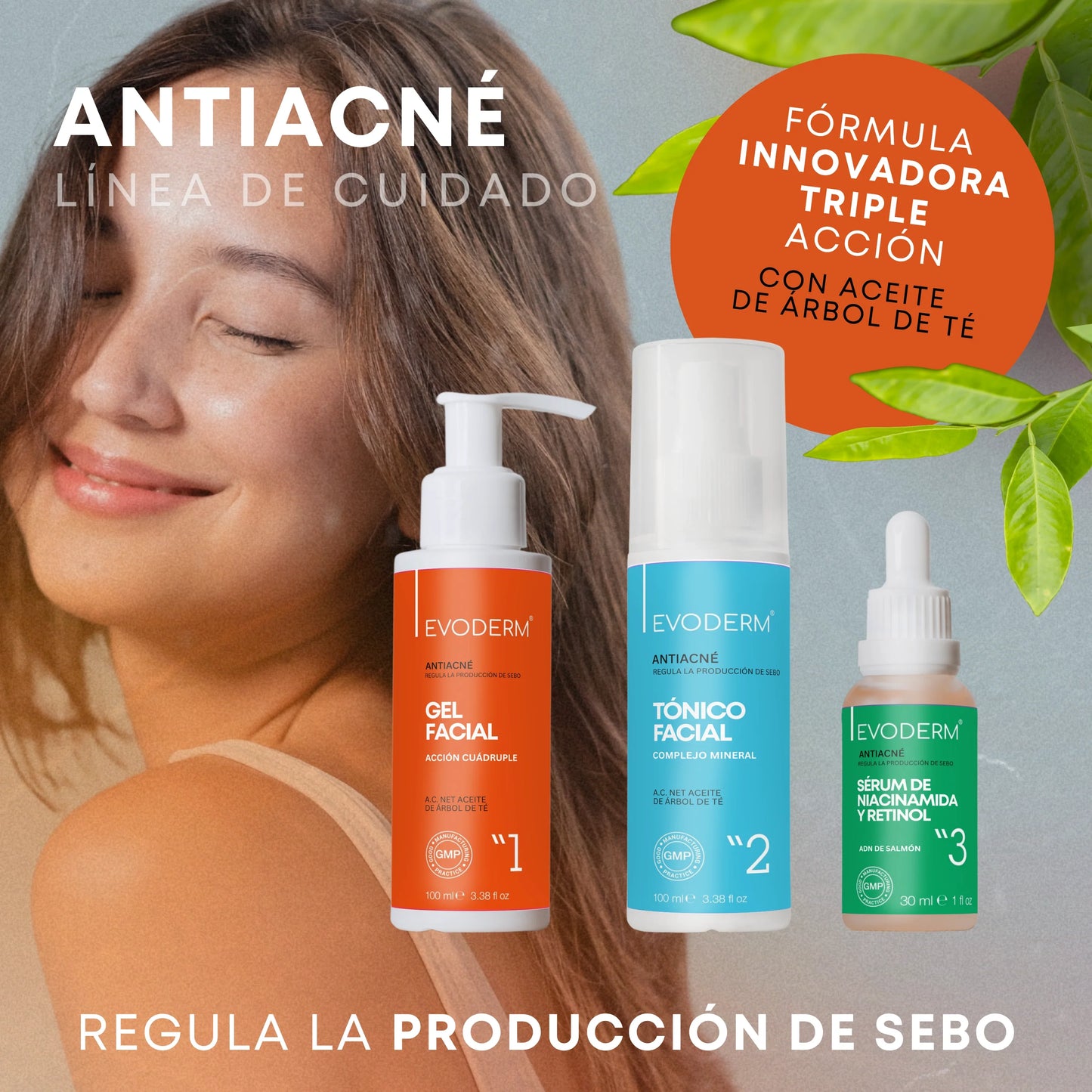 EVODERM Set Facial 3-en-1 – Gel limpiador + Tónico + Sérum Niacinamida/Retinol