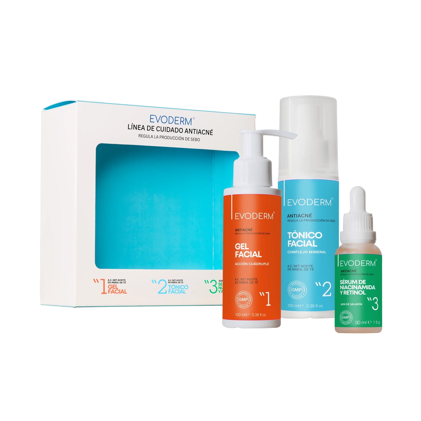 EVODERM Set Facial 3-en-1 – Gel limpiador + Tónico + Sérum Niacinamida/Retinol
