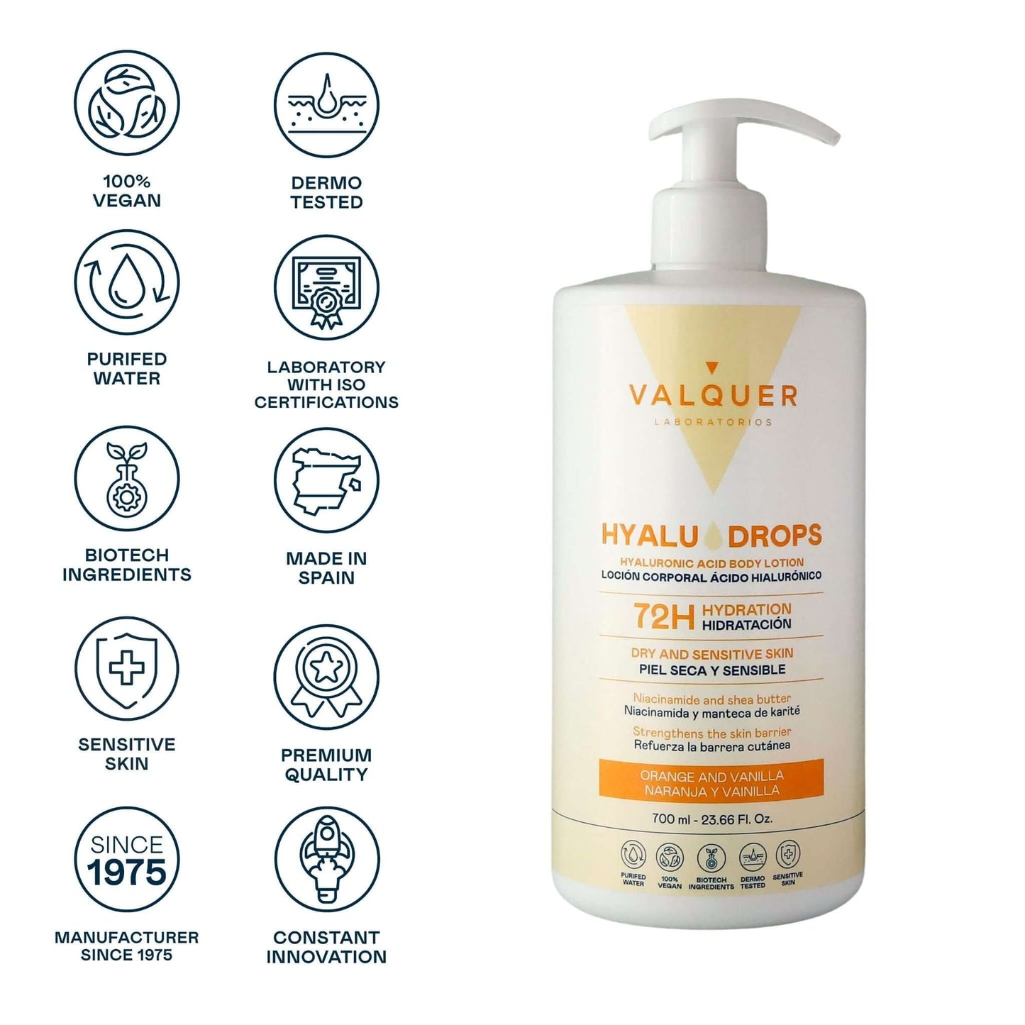 Hyaludrops Loción Corporal Naranja y Vainilla – Hidratación 72H - 700 ml