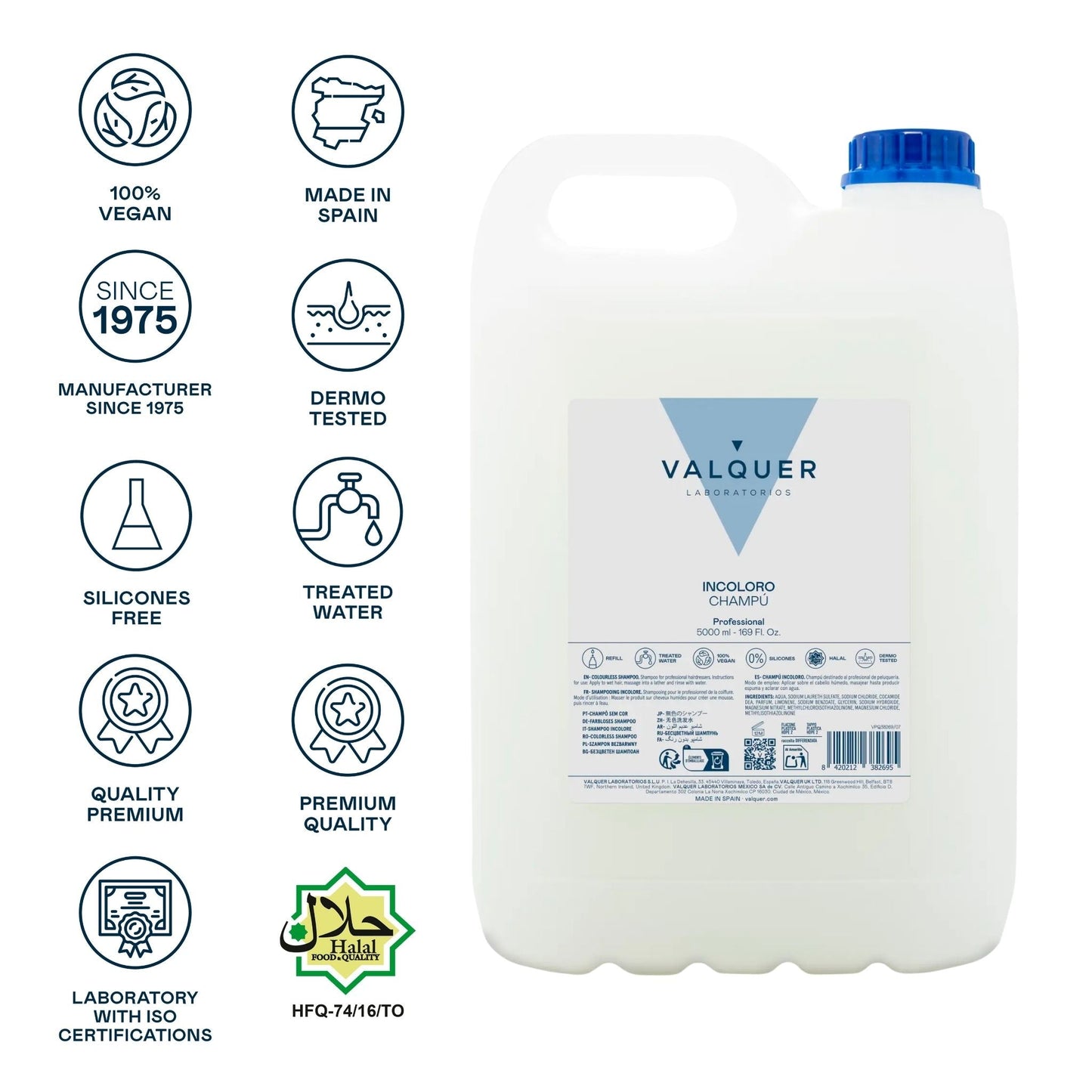 Champú Incoloro Profesional 5L - Valquer® Peluquería | Sin Colorantes