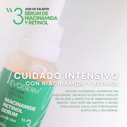 EVODERM Set Facial 3-en-1 – Gel limpiador + Tónico + Sérum Niacinamida/Retinol