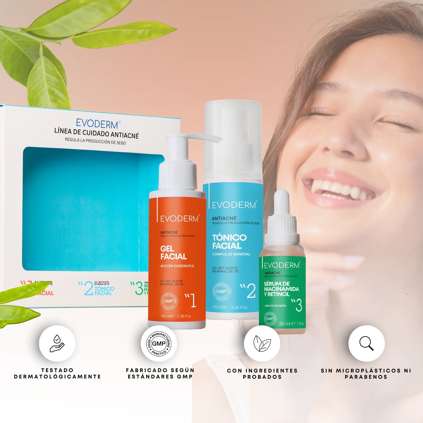 EVODERM Set Facial 3-en-1 – Gel limpiador + Tónico + Sérum Niacinamida/Retinol
