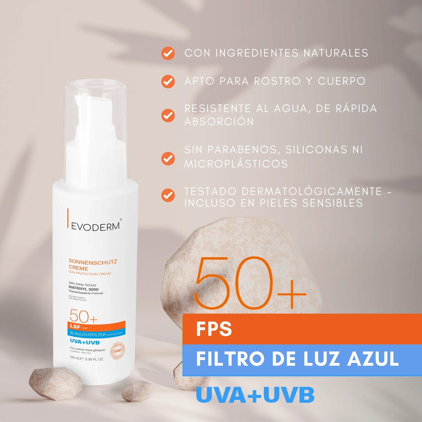 EVODERM Crema Solar SPF50+ con Matrixyl 3000 – Protección UV y Luz Azul 100ml