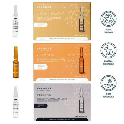 Pack Ampollas Faciales Valquer: Lifting Flash + Vitamina C + Peeling - 3x5x2ml | Tratamiento Antiedad Intensivo