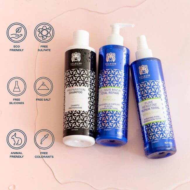 Pack Cold Keratin Valquer - Champú Preparador + Queratina Pura + Mascarilla Reparadora 900ml | Tratamiento Capilar Profesional