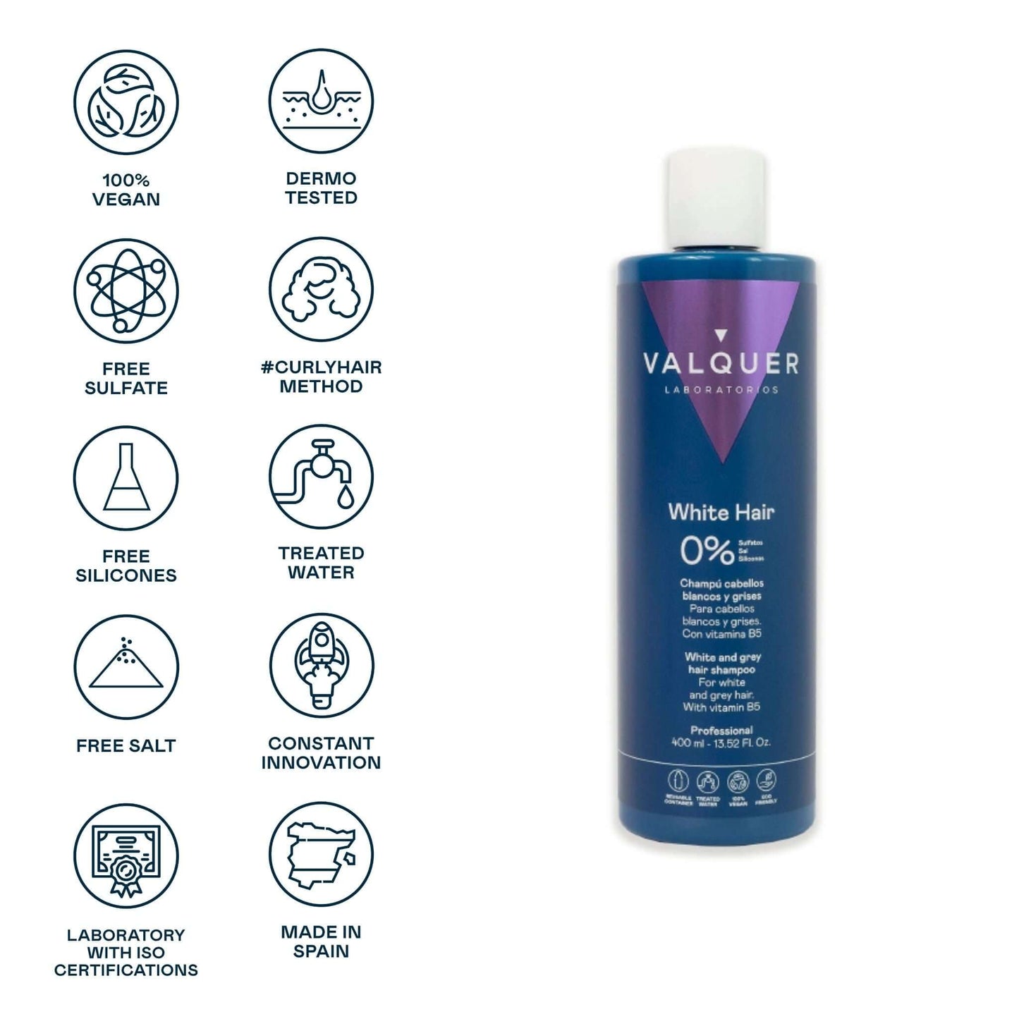 Champú Cabello Blanco y Gris 400ml - 0% Sin Sulfatos | Valquer® Canas