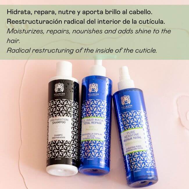Pack Cold Keratin Valquer - Champú Preparador + Queratina Pura + Mascarilla Reparadora 900ml | Tratamiento Capilar Profesional