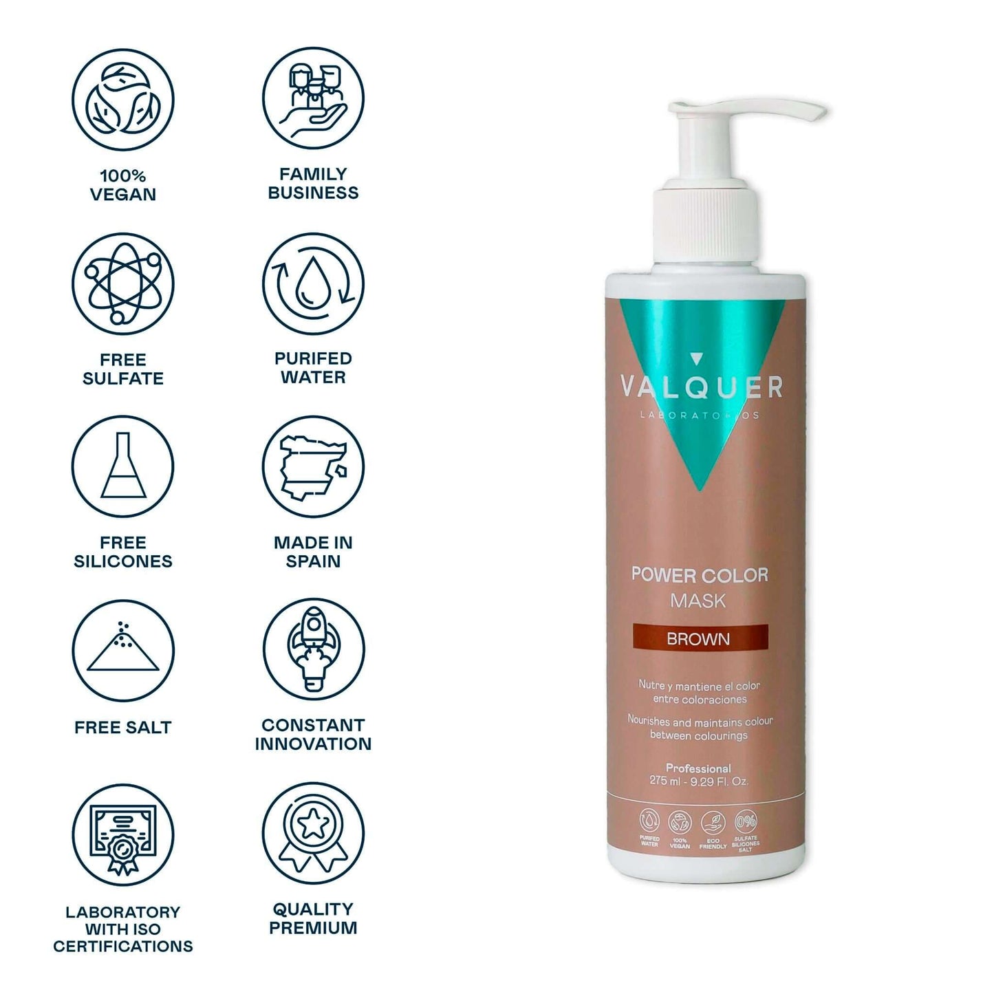 Mascarilla Color Castaño Power Color Valquer 275ml - Tinte Sin Amoniaco Profesional Tono Marrón