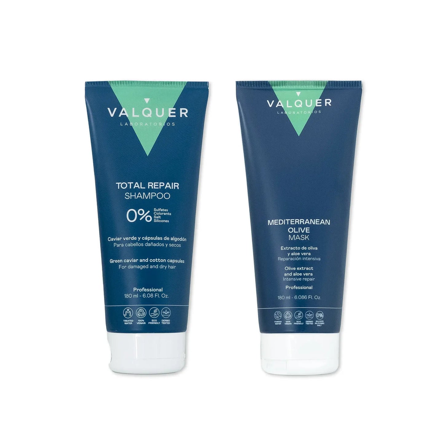 Pack Champú y Mascarilla Capilar de Oliva Valquer - Reparación Total 360ml Cabello Dañado