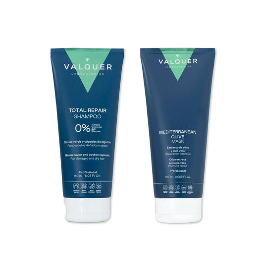 Pack Champú y Mascarilla Capilar de Oliva Valquer - Reparación Total 360ml Cabello Dañado