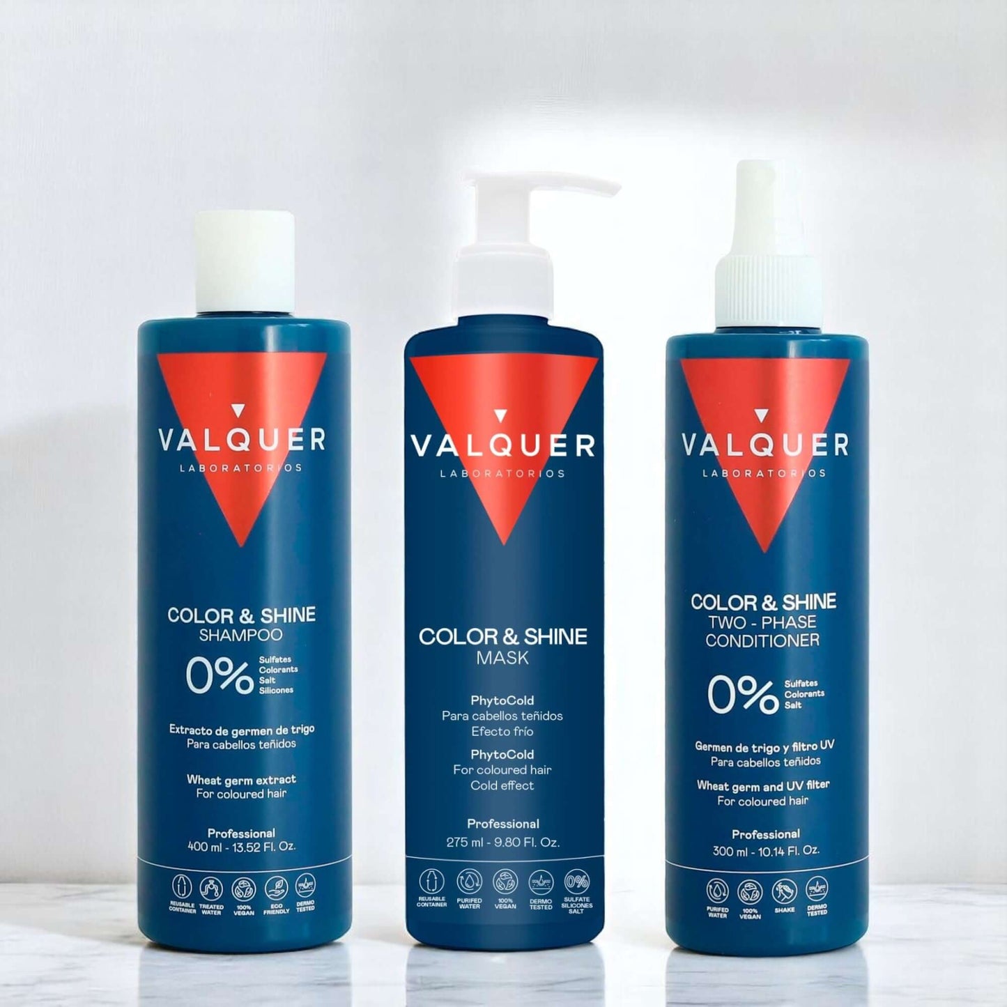 Pack Potenciador Color y Brillo Valquer - Champú Zero + Mascarilla + Bifásico 1000ml - Cabello Teñido