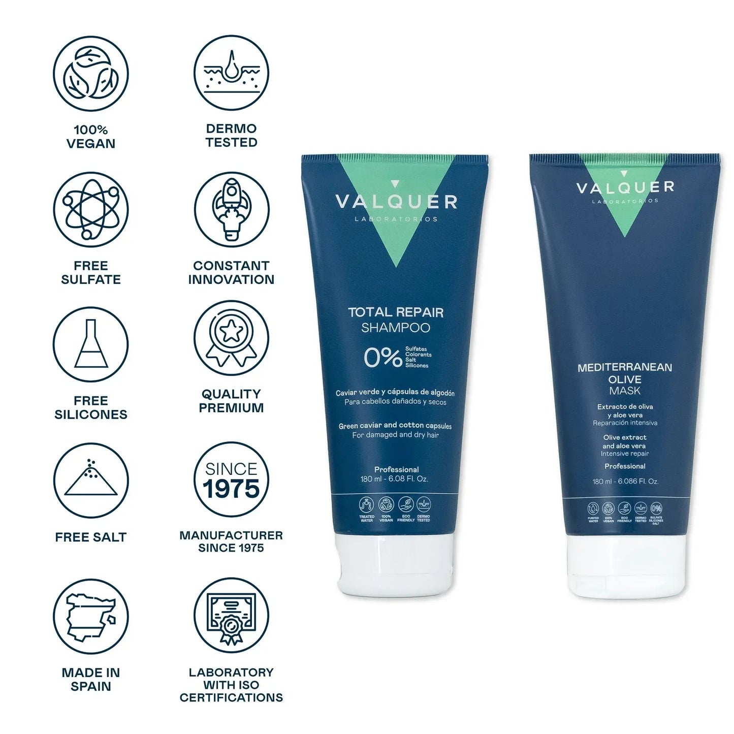 Pack Champú y Mascarilla Capilar de Oliva Valquer - Reparación Total 360ml Cabello Dañado