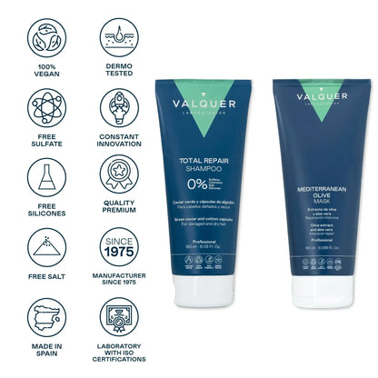 Pack Champú y Mascarilla Capilar de Oliva Valquer - Reparación Total 360ml Cabello Dañado