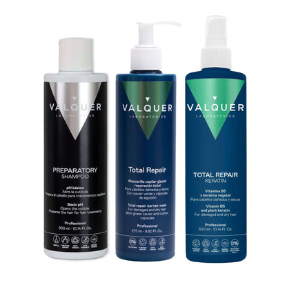 Pack Cold Keratin Valquer - Champú Preparador + Queratina Pura + Mascarilla Reparadora 900ml | Tratamiento Capilar Profesional