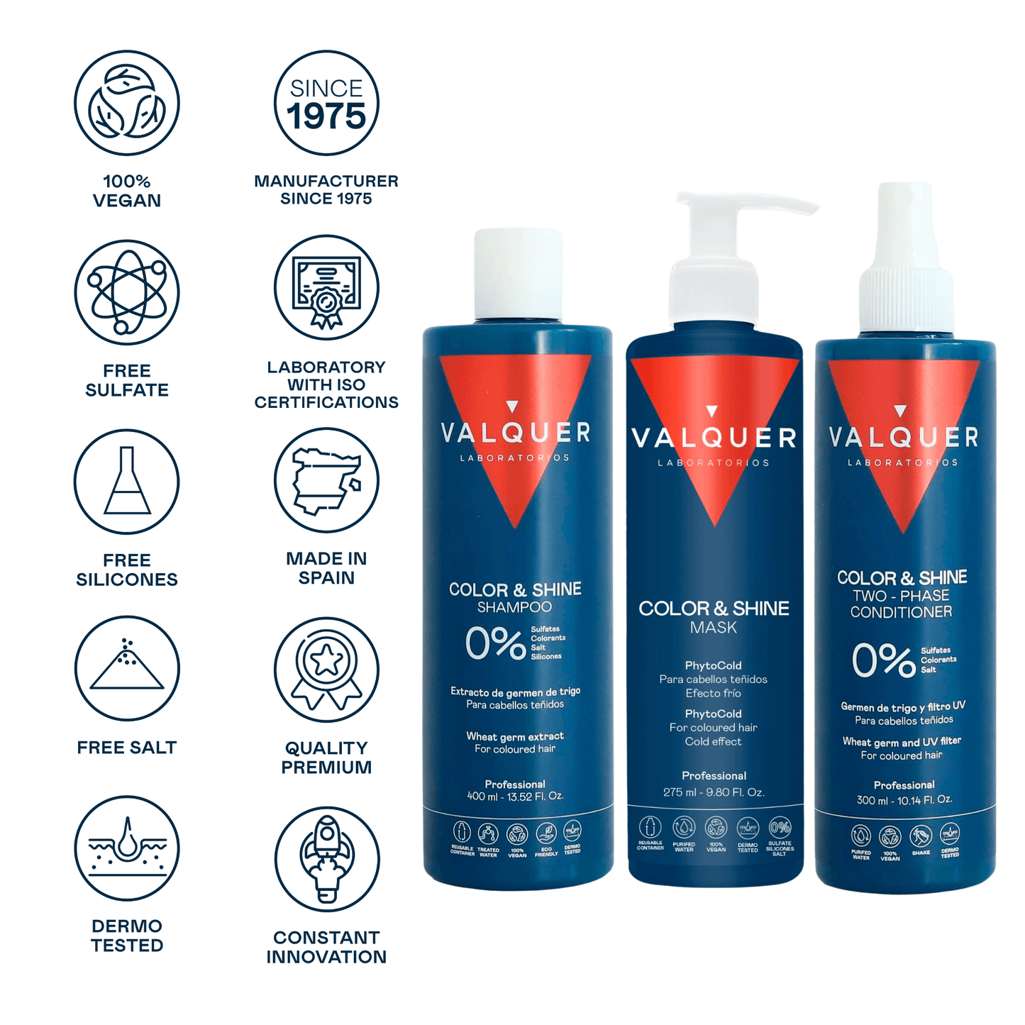 Pack Potenciador Color y Brillo Valquer - Champú Zero + Mascarilla + Bifásico 1000ml - Cabello Teñido