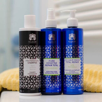 Pack Cold Keratin Valquer - Champú Preparador + Queratina Pura + Mascarilla Reparadora 900ml | Tratamiento Capilar Profesional