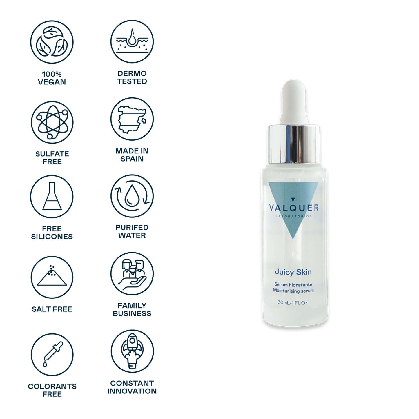 Sérum Facial Hidratante Valquer - Ácido Hialurónico y Vitamina E 30ml Antiedad