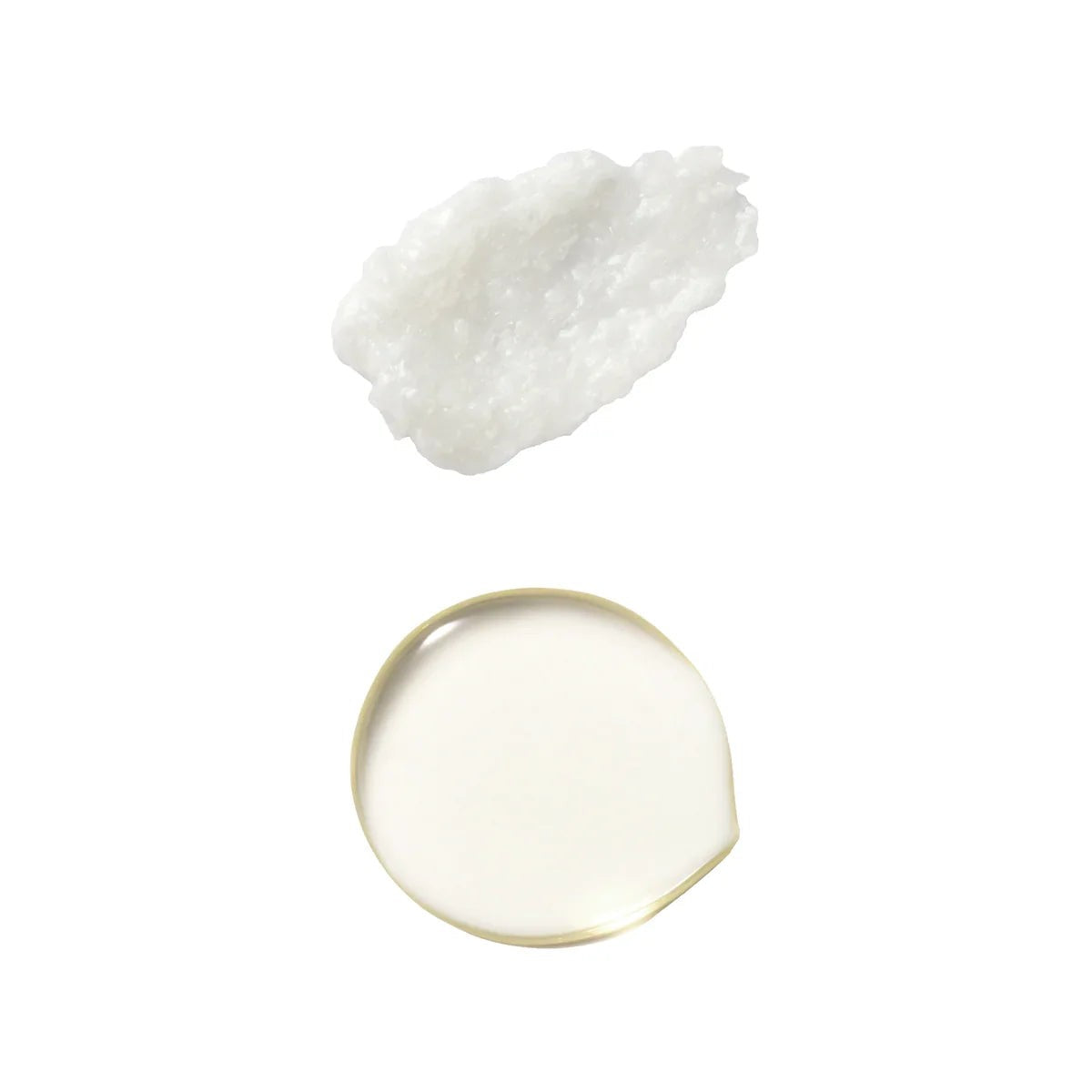 Texturas del set de limpieza facial Sukinkea Cosmetic: aceite limpiador transparente y espuma limpiadora blanca.