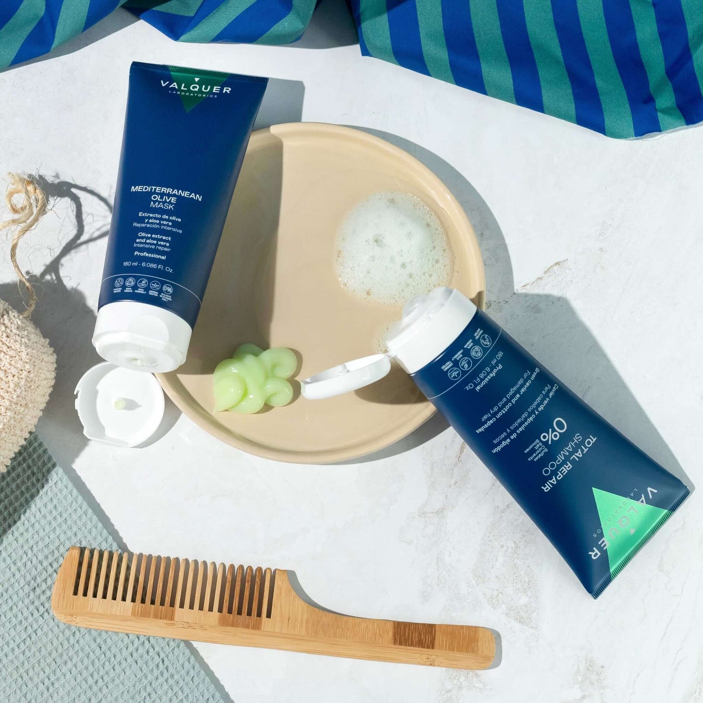 Pack Champú y Mascarilla Capilar de Oliva Valquer - Reparación Total 360ml Cabello Dañado